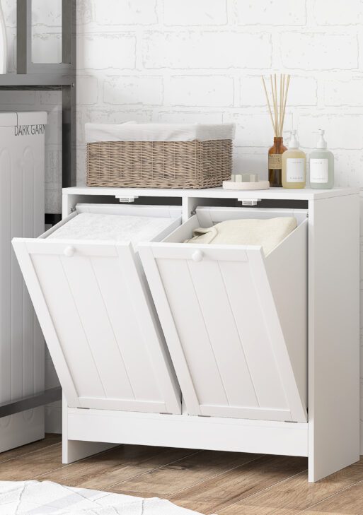 Tilt-out Laundry Storage Cabinet with 2 Compartment Hampers, White