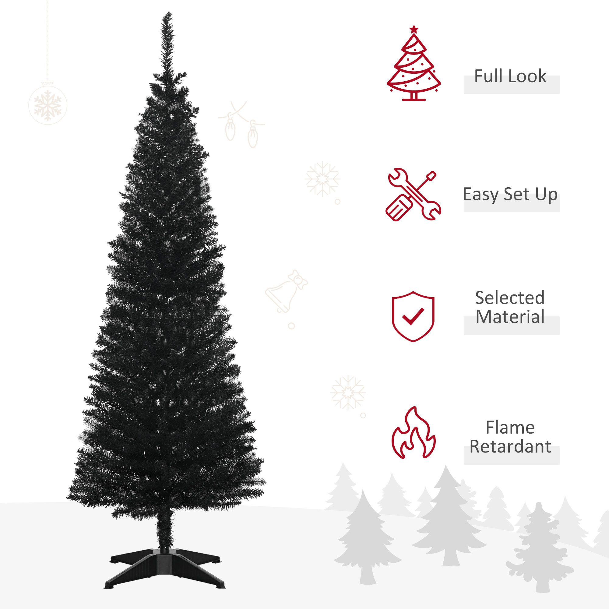 5' Artificial Pencil Christmas Tree, Slim Xmas Tree with 294 Realistic Branch Tips and Plastic Stand, Black - Image 2