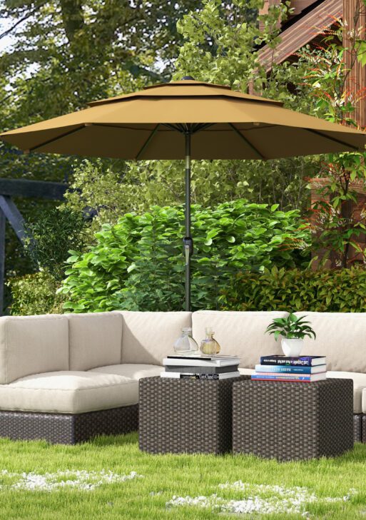 9FT 3 Tiers Outdoor Patio Umbrella with Crank, Push Button Tilt for Deck, Backyard and Lawn, Tan