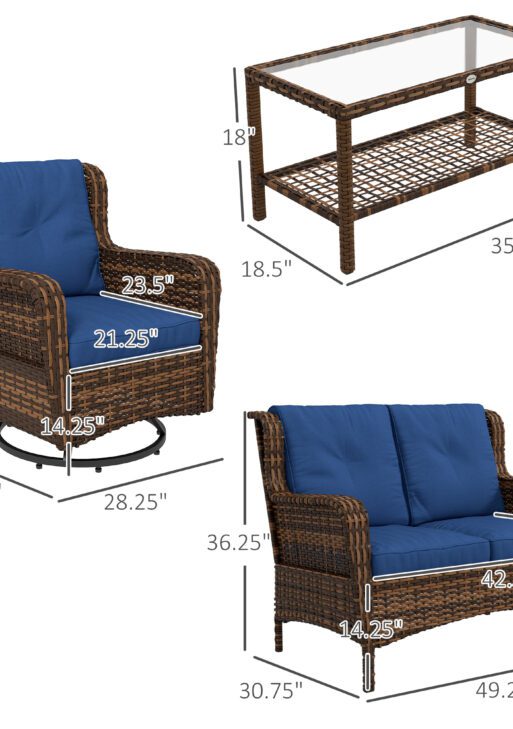 4 Piece Rattan Patio Furniture Set, Conversation Set with Swivel Glider Chairs Table Loveseat for Garden, Patio, Blue
