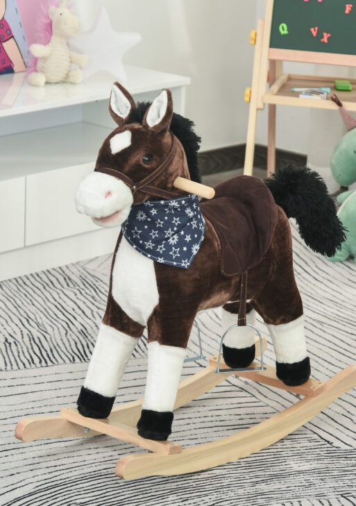 Qaba Kids Plush Ride-On Rocking Horse Toy Cowboy Rocker with Fun Realistic Sounds for Child 3-6 Years Old, Brown