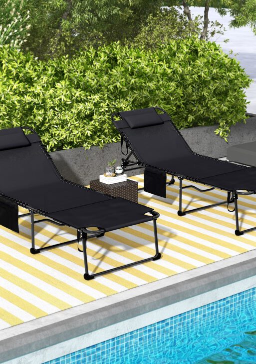 2 Piece Folding Chaise Lounge Pool Chairs with 5-level Reclining Back, Reading Hole, Side Pocket, Black
