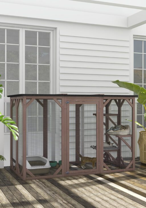Outdoor Cat House, Catio Wooden Feral Cat Shelter, Cat Cage with Platforms, Large Enter Door, Weather Protection Asphalt Roof, 71" L, Brown