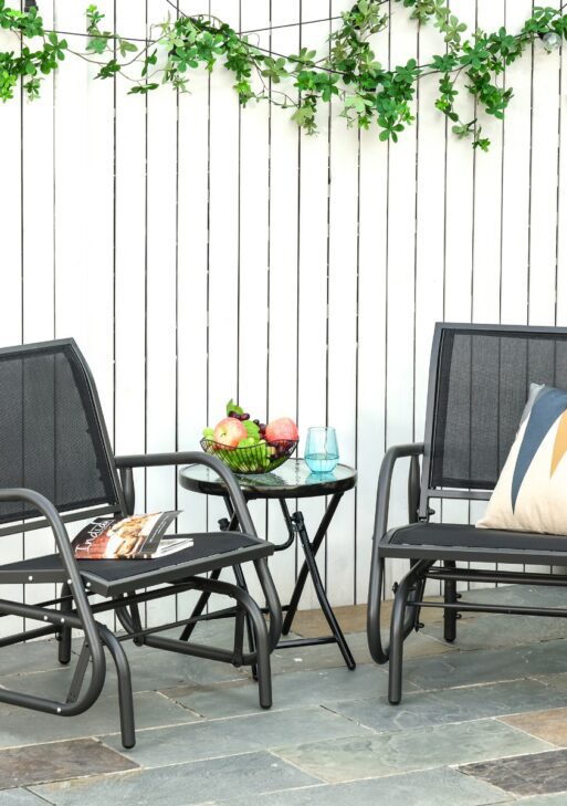 2-Piece Outdoor Glider Swing, Rocking Chair Set with Breathable Mesh Fabric, Sturdy Durable Frame, Curved Armrests, Supports Up to 264 lbs., for Backyard, Garden, Porch, Black