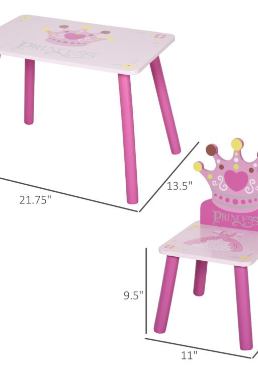 3-Piece Kids Wooden Table and Chair Set with Crown Pattern Gift for Girls Toddlers Arts Reading Writing Age 2-4 Years Pink