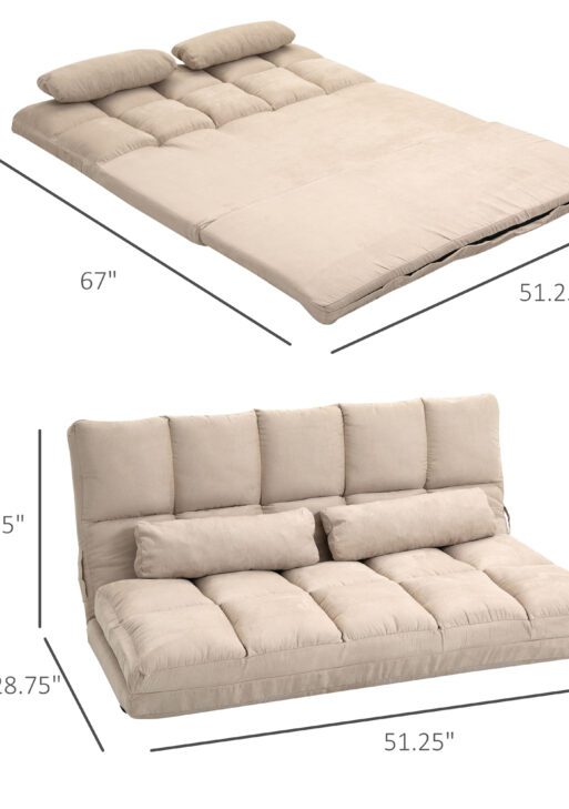 Convertible Floor Sofa Chair, Folding Couch Bed, Guest Chaise Lounge with 2 Pillows, Adjustable Backrest and Headrest, 51.25" L, Beige