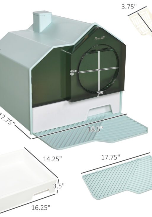 Hooded Cat Litter Box w/ Litter Mat, Litter Particle Catching, Light Blue