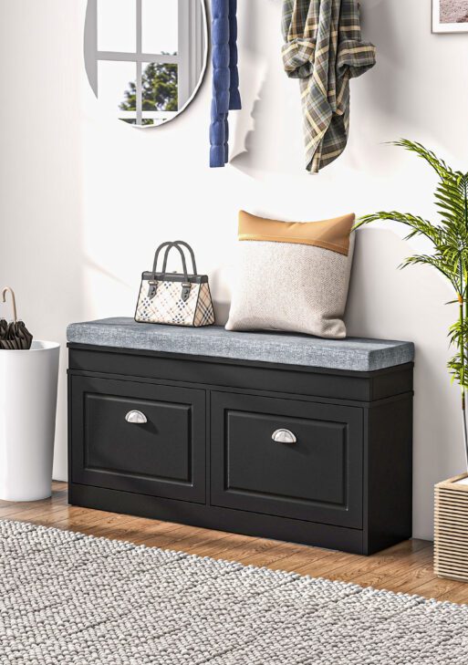 Modern Shoe Storage Bench, Entry Way Bench with Cushion, 2 Drawers, Storage Ottoman Bench, Holds 8 Pairs, Black
