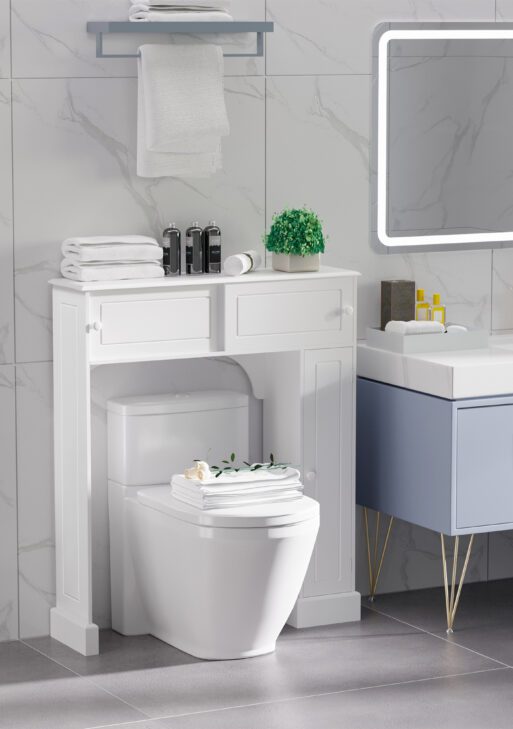 Over The Toilet Bathroom Cabinet, Freestanding Bathroom Storage Organizer with Adjustable Shelves, Toilet Rack, White