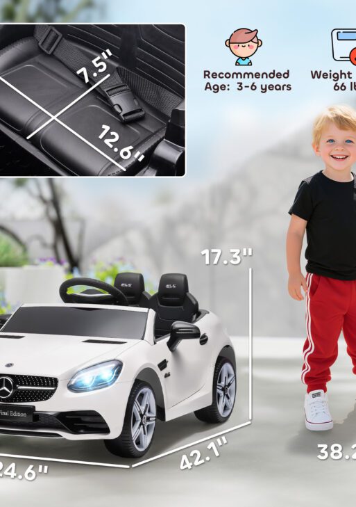 Mercedes SLC 300 Licensed Kids Electric Car with Remote Control, 12V Battery Powered Kids Ride on Car with Music, Lights, Suspension for 3-6 Years Old, White