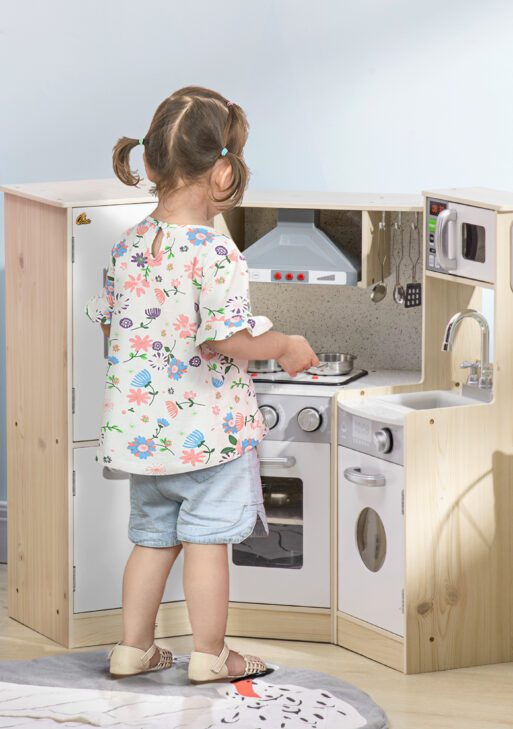 Ultra-Big Corner Kids Kitchen Playset with Sound Effects, Wooden Play Kitchen with Stainless Steel Cooking Toys, Imaginative Pretend Toy for Ages 3-6 with Phone, Ice Maker