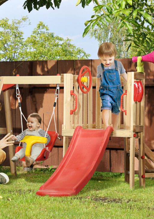 4-in-1 Wooden Swing Set with Swing, Slide, Horn, Steering Wheel, Red
