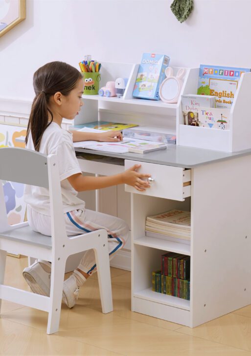 Kids Desk and Chair Set with Storage, Study Desk with Chair for Children 5-8 Years Old, Gray