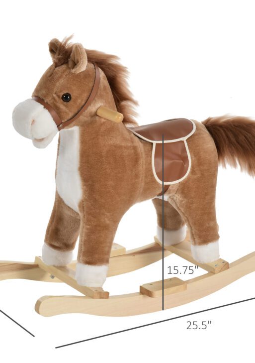 Rocking Horse Plush Animal on Wooden Rockers, Baby Rocking Chair with Sounds, Moving Mouth, Wagging Tail, Brown