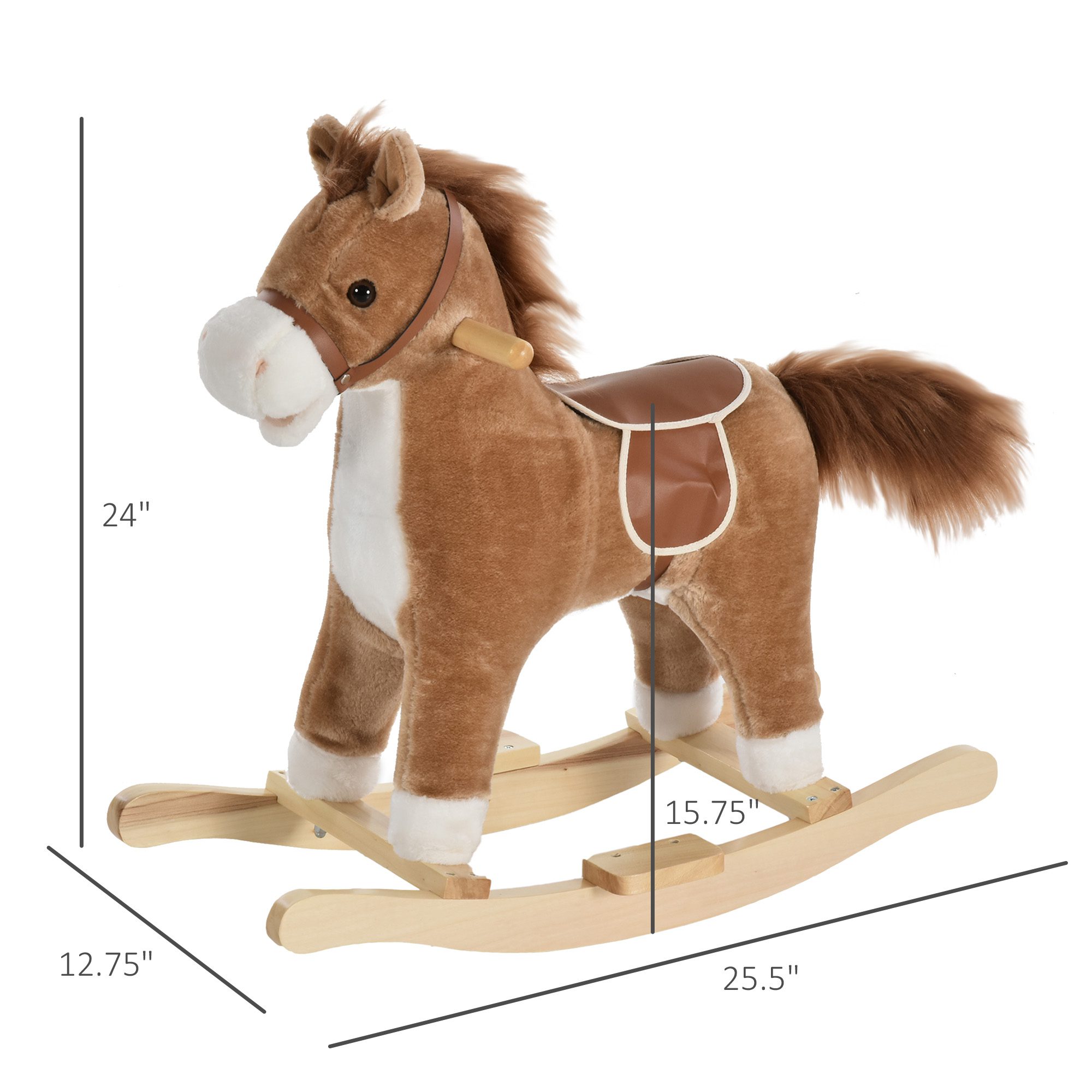 Rocking Horse Plush Animal on Wooden Rockers, Baby Rocking Chair with Sounds, Moving Mouth, Wagging Tail, Brown - Image 1