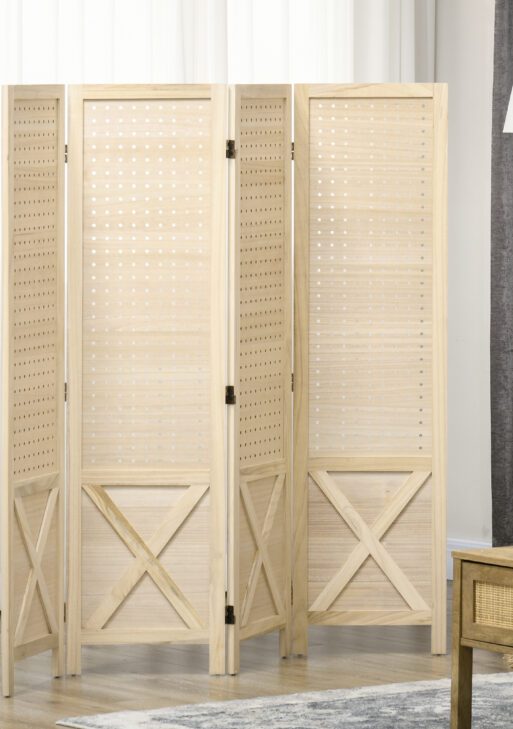 4.7' 4 Panel Wooden Room Divider with Pegboard Display, Folding Privacy Screen for Home Office, Natural
