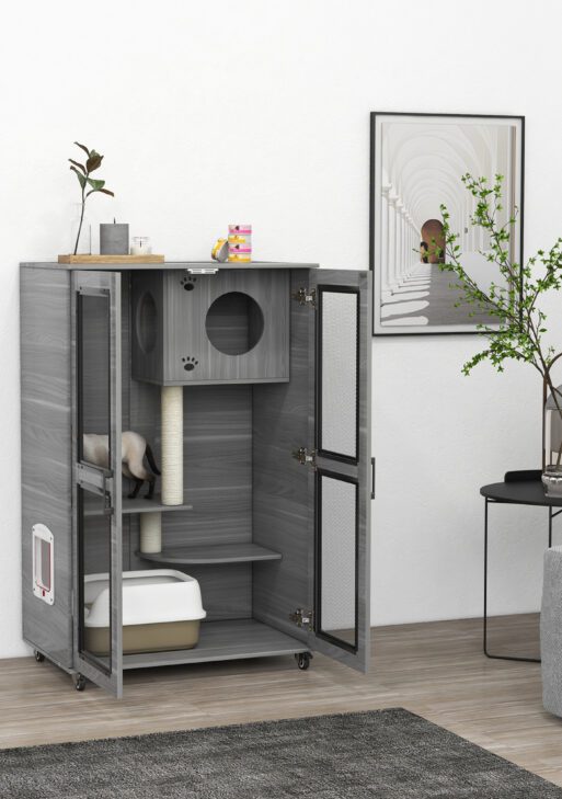 Cat Tree House with Scratching Post and Wheels, Gray