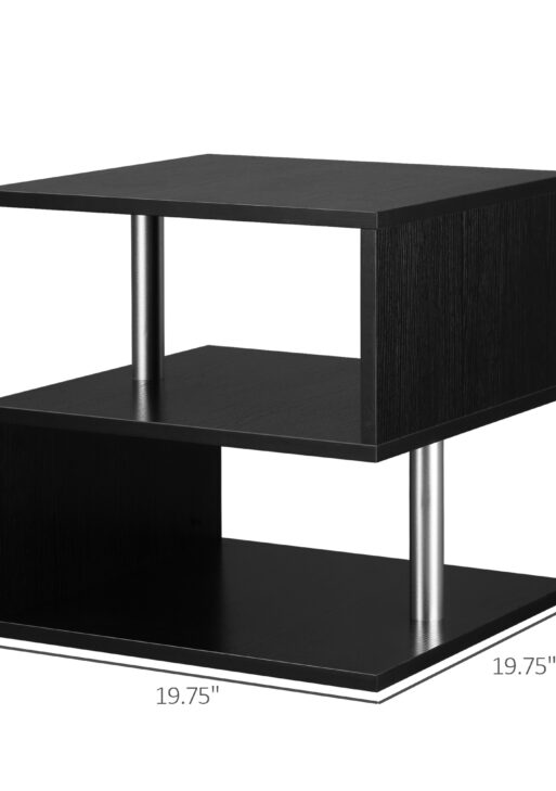 20" Modern End Table, Accent Side Table, S-Shaped Coffee Table with Storage Shelf and Steel Poles, Black