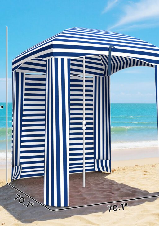 5.8' x 5.8' Cabana Umbrella with Walls, Vents, Ruffles, Carry Bag, Beach Umbrella, Blue White Stripe