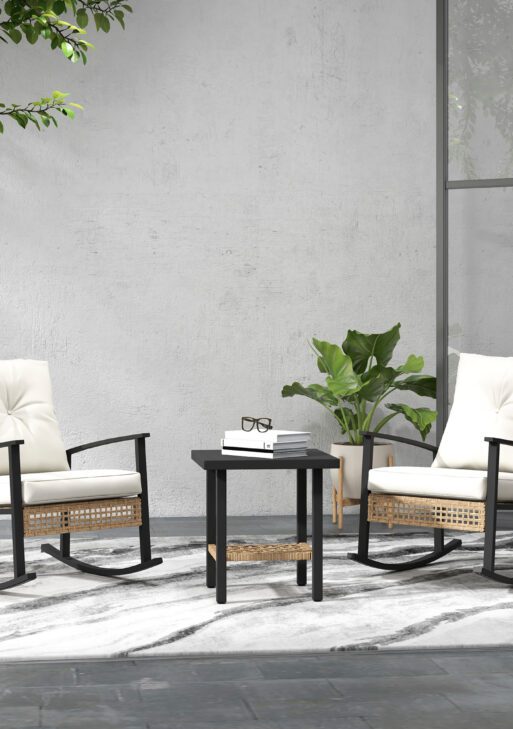 3 Pieces Bistro Set, Patio Wicker Furniture Set with Button Tufted Cushions, Rattan Rocking Chairs, Coffee Table, White