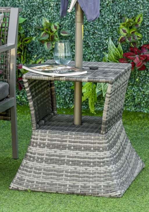 Outdoor Side Table with Umbrella Hole, 2 Tier Rattan Wicker End Table with Storage Shelf, All Weather for Outdoor, Patio, Garden, Backyard, Mixed Gray