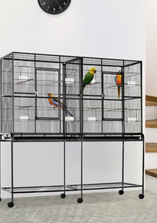 Rolling 65"L Bird Cage w/ Storage Shelf Wood Perch Food Container