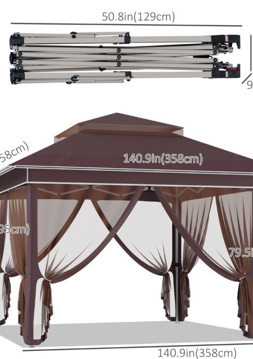 12' x 12' Pop Up Canopy Tent with Netting and Carry Bag, Instant Sun Shelter with 137 sq.ft Shade, Tents for Parties, Height Adjustable, for Outdoor, Garden, Patio, Brown