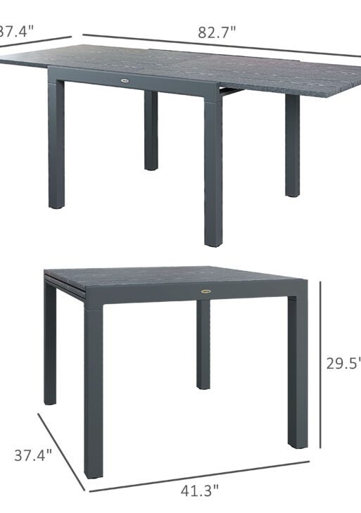 Patio Table for 6-8 People, Aluminum Frame Rectangle Garden Table with Wood Effect Steel Top, for Backyard, Dark Gray