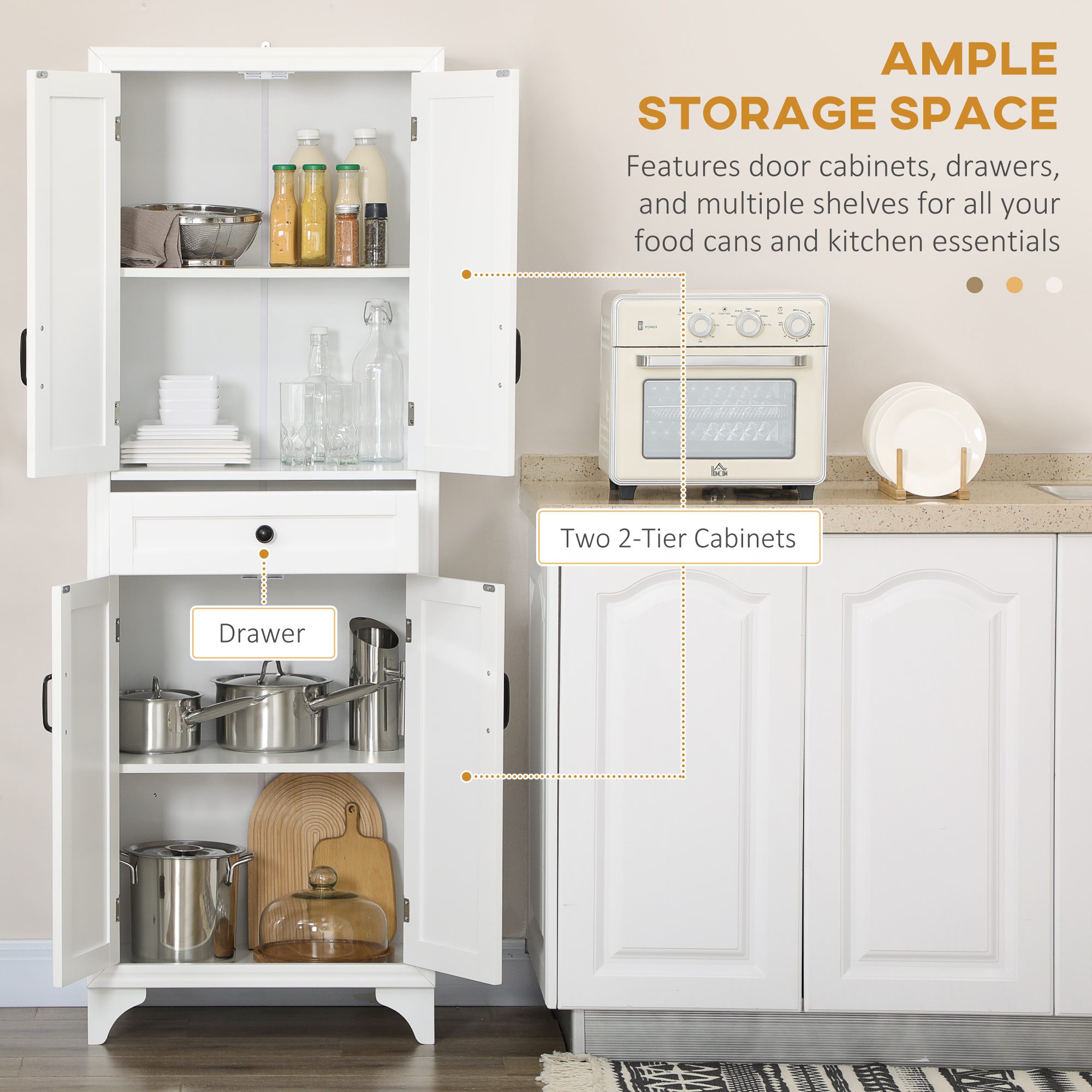 67" 4-Door Kitchen Pantry with Drawer and Adjustable Shelves, White - Image 2