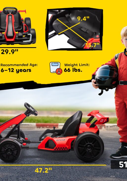 24V 7.5 MPH Electric Go Kart with Adjustable Seat, Slow Start, Red