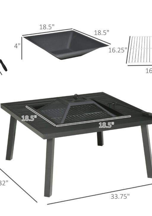34" Fire Pit with Grill, Metal Outdoor Wood Burning Firepit with Spark Screen, Fire Poker, Cover, Table Lip, Black