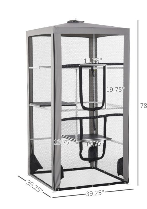 79"H Cat House Kitten Enclosure Mesh Playpen Steel Frame with 3 Platforms, 2 Doors and 4 Sandbags for Stability, Indoor/Outdoor
