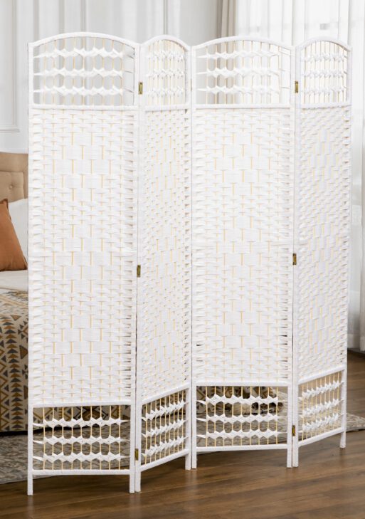 4 Panel Folding Room Divider Portable Privacy Screen Wave Fiber Room Partition for Home Office White