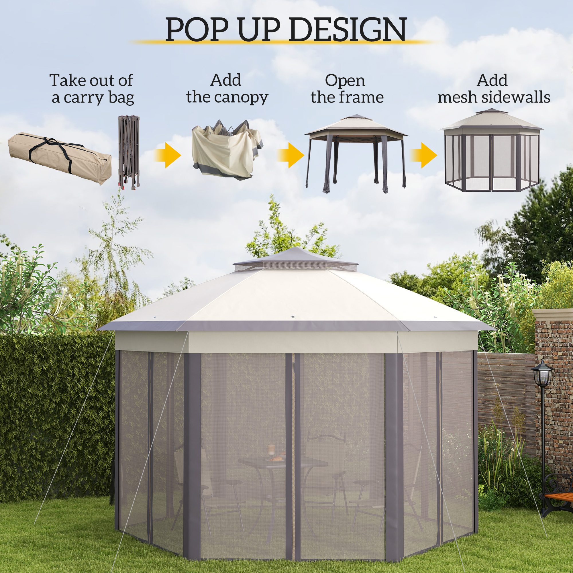 13' x 13' Pop Up Gazebo Hexagonal Canopy Shelter with 6 Zippered Mesh Netting for Patio Backyard Garden Wedding Party - Image 2