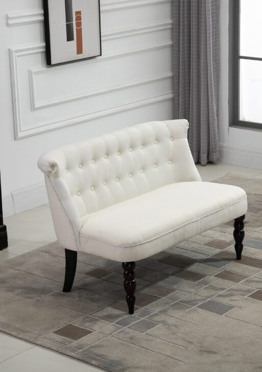 Upholstered Armless Fabric Loveseat with Button Tufted Design for Living Room with Wood Legs, Cream White