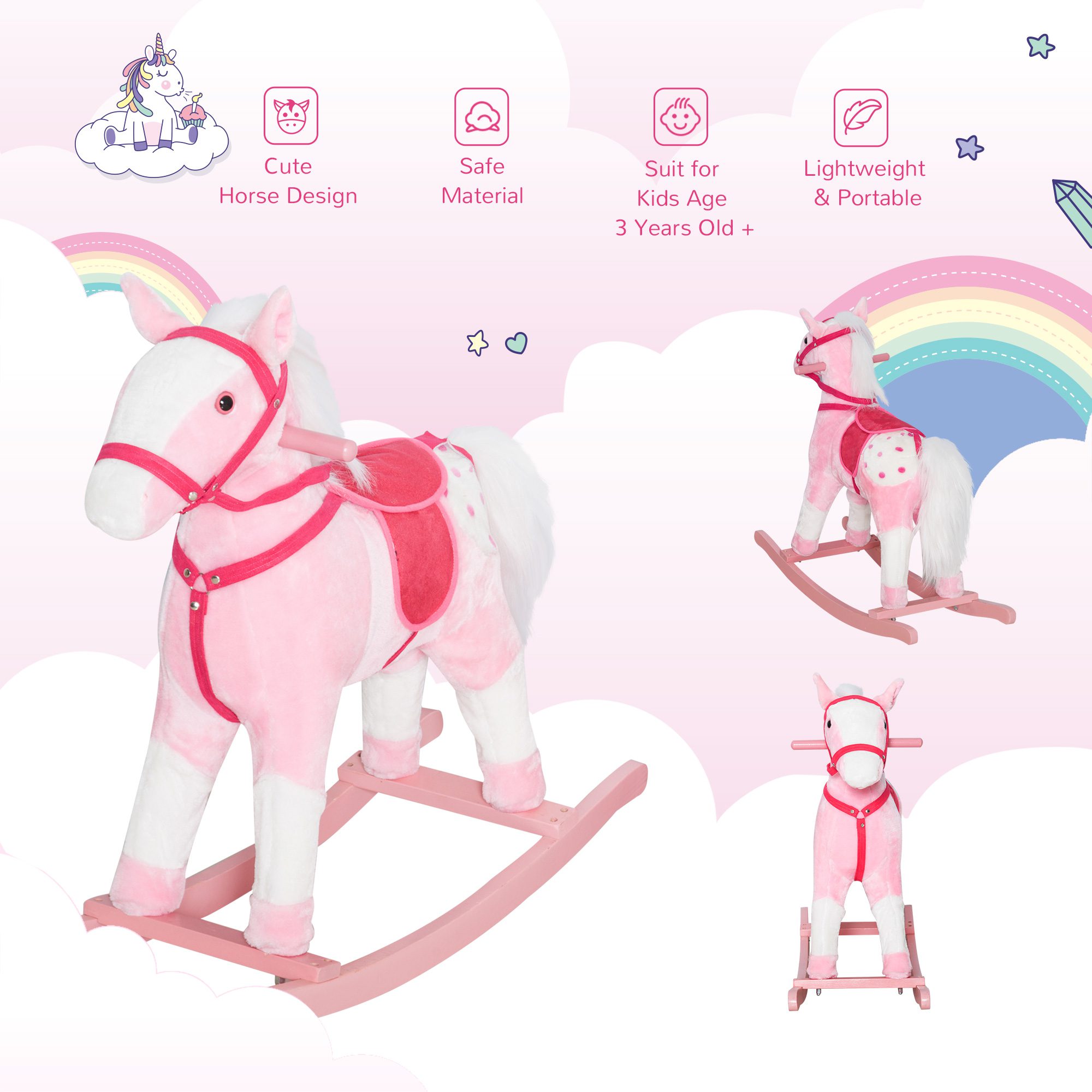 Kids Plush Toy Rocking Horse Pony Toddler Ride on Animal Rocker with Realistic Sounds, Birthday Gifts for Girls, Pink - Image 2