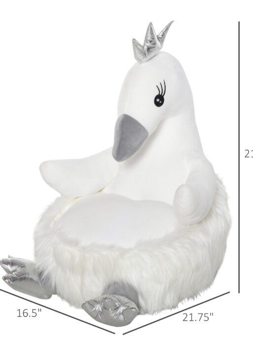 Stuffed Animal Sofa Armrest Chair Cartoon Storage Bean Bag Chair for Kids with Cute Swan Flannel PP Cotton 22" x 16.5" x 22" White
