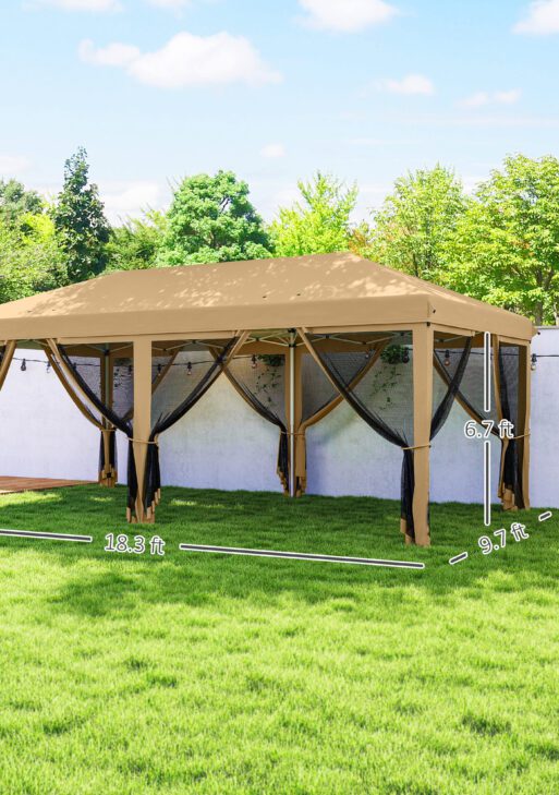 10' x 20' Pop Up Canopy Tent with Netting, Heavy Duty Instant Sun Shelter, Large Tents for Parties with Carry Bag for Outdoor, Garden, Patio, Beige