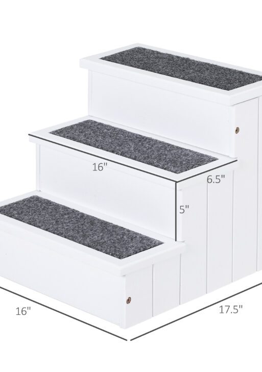 3 Step Wooden Carpeted Non Slip Pet Stairs Ramp for Cats and Small Dogs - White