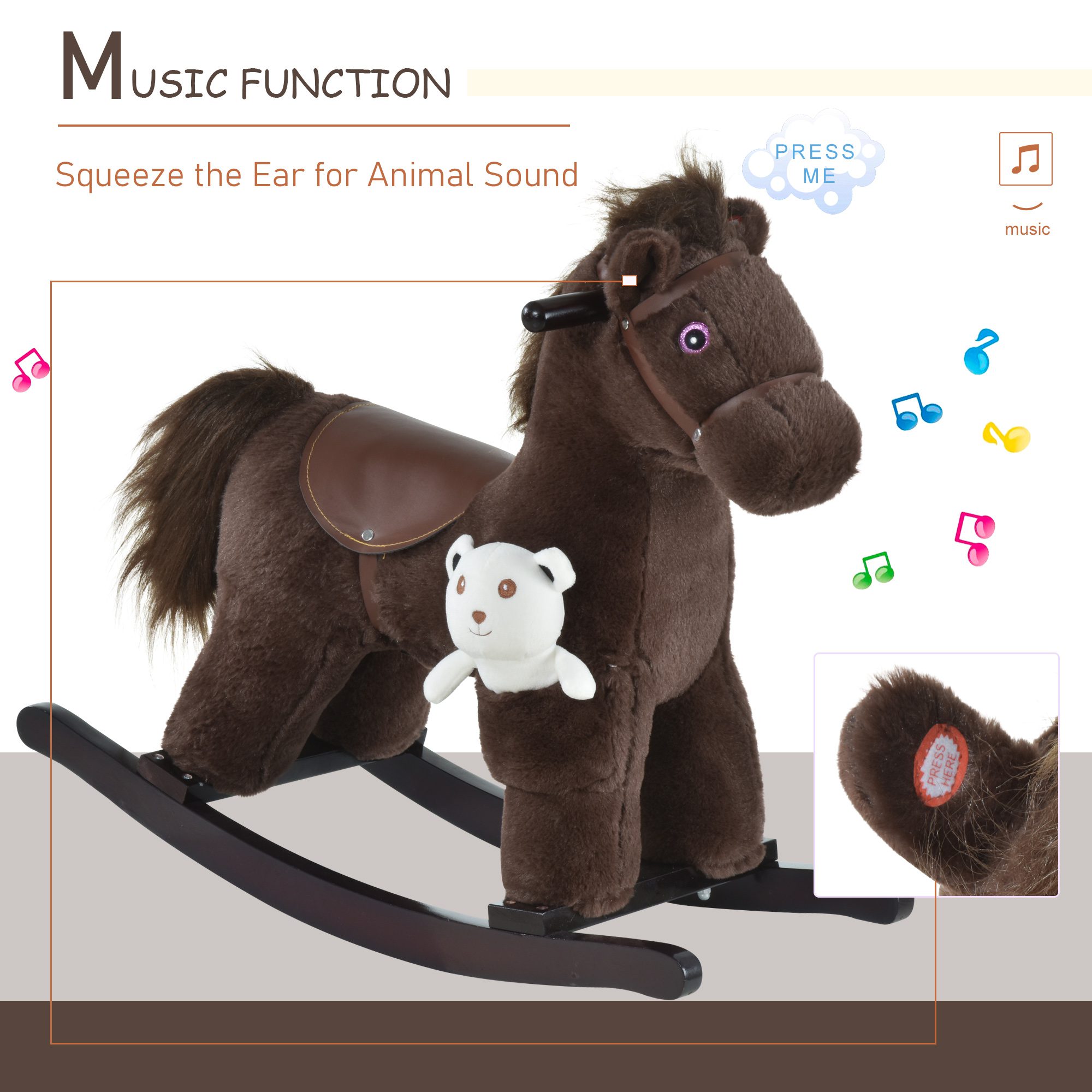 Kids Plush Ride-On Rocking Horse with Bear Toy, Children Chair with Soft Plush Toy & Fun Realistic Sounds, Brown - Image 2