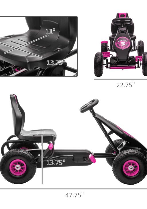 Ergonomic Pedal Go Kart Kids Ride-on Toy with Tough, Wear-Resistant Tread for Boys & Girls, Ages 5-12, Pink
