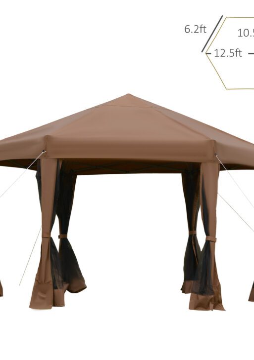 13' x 11' Hexagonal Pop Up Gazebo, Heavy Duty Outdoor Canopy Tent with 6 Mesh Sidewall Netting, 3-Level Adjustable Height and Strong Steel Frame, Brown