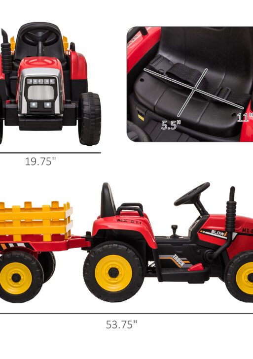 12V Electric Ride on Tractor with Trailer, 25W Dual Motors, Red