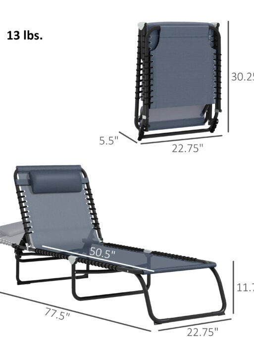 Folding Chaise Lounge Pool Chair with 4-Position Reclining Back, Breathable Mesh & Bungee Seat, Gray
