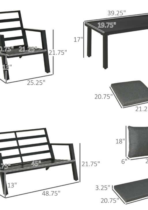 4 Piece Patio Furniture Set, Outdoor Conversation Set with Armchairs, Loveseat, Coffee Table and Cushions for Backyard, Poolside, Lawn and Garden, Black