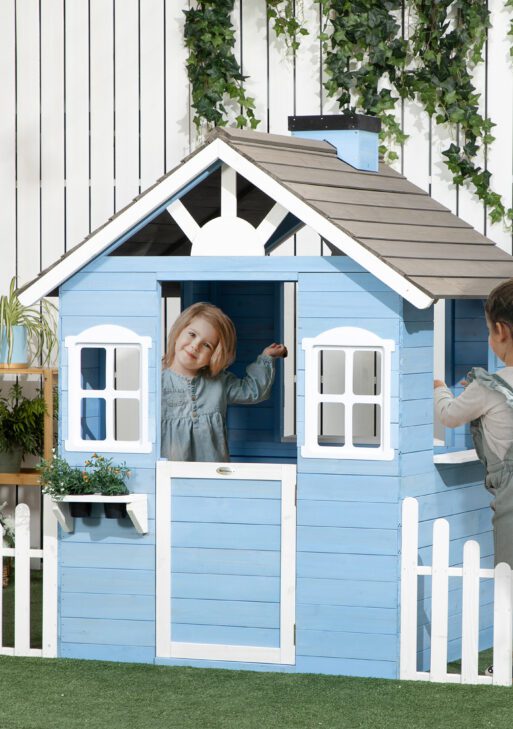 Wooden Playhouse for Kids Outdoor with Flower Pot Holders, Door, Windows, Service Stations for 3-7 Years, Blue