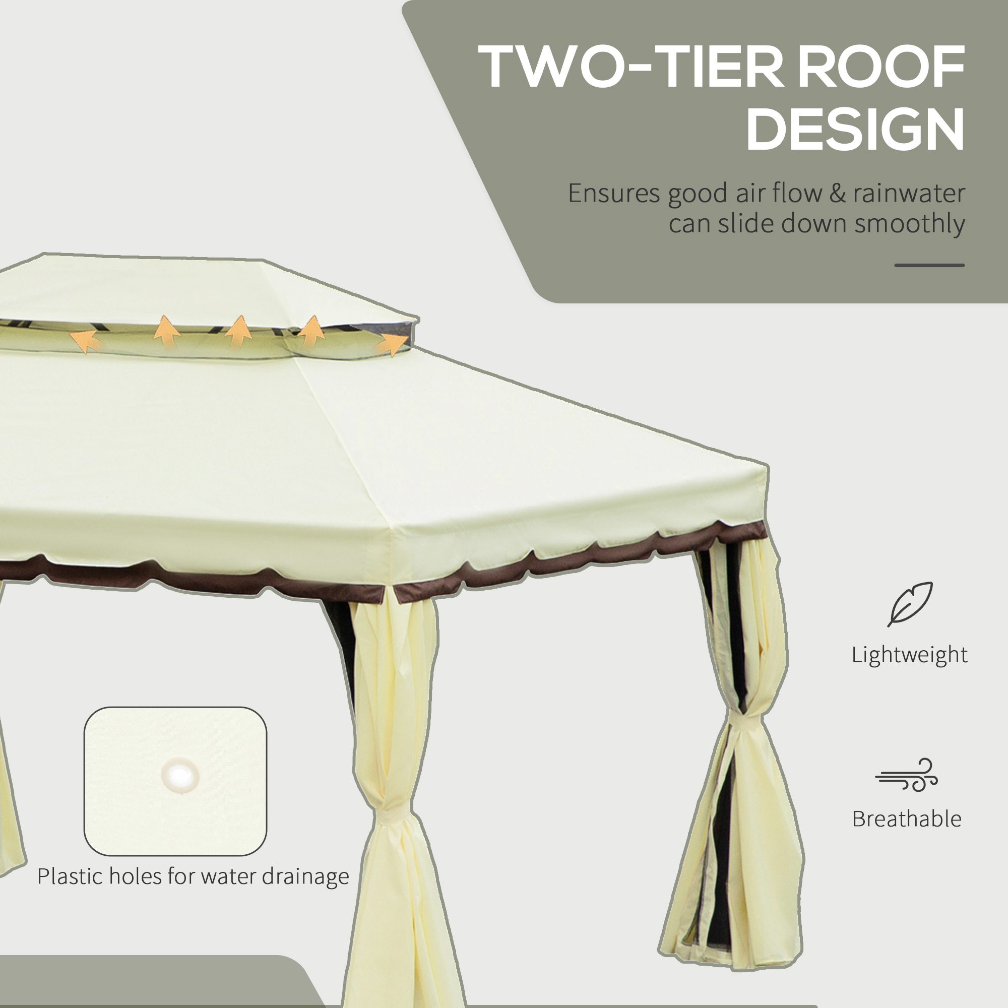 10' x 13' Patio Gazebo, Aluminum Frame Double Roof Outdoor Gazebo Canopy Shelter with Netting & Curtains, Cream White - Image 2