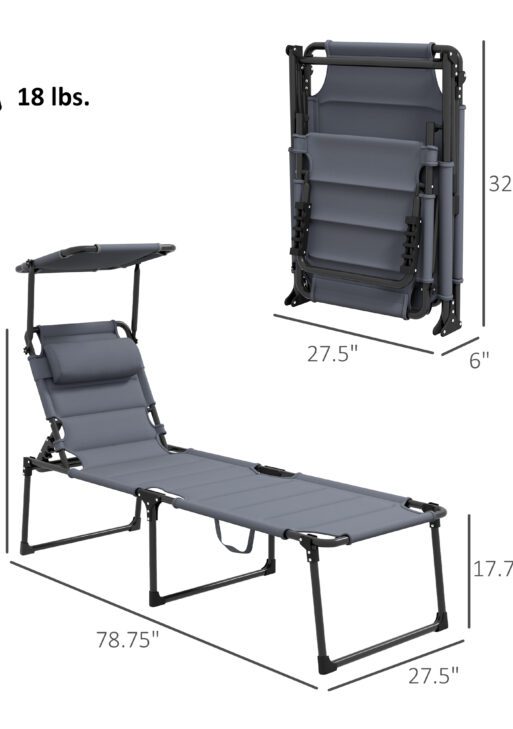 2 Pcs Outdoor Lounge Chair, 4 Position Adjustable Backrest, Folding, Cushioned w/ Sun Shade Roof & Pillow, Gray