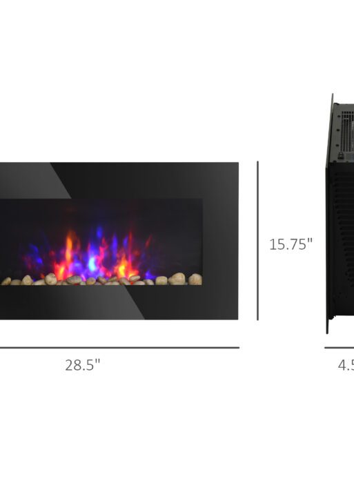 28.5" 1450W Electric Wall-Mounted Fireplace with Flame Effect, 7 Color Background Light, Black