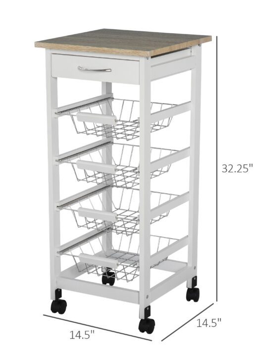 Mobile Kitchen Cart, Rolling Kitchen Island with Storage, Solid Wood Frame Utility Cart with Wire Fruit Baskets and Drawer, White